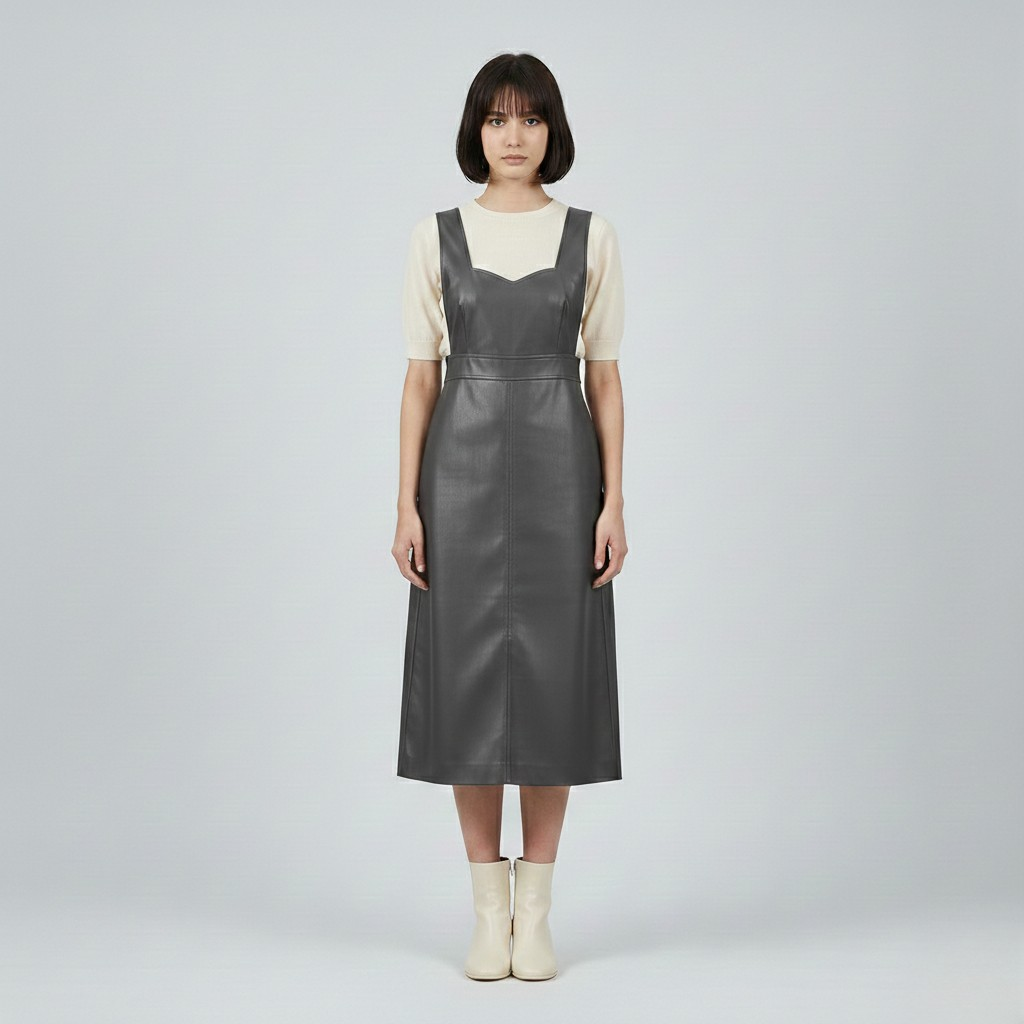Women's Faux Leather Pinafore Midi Dress