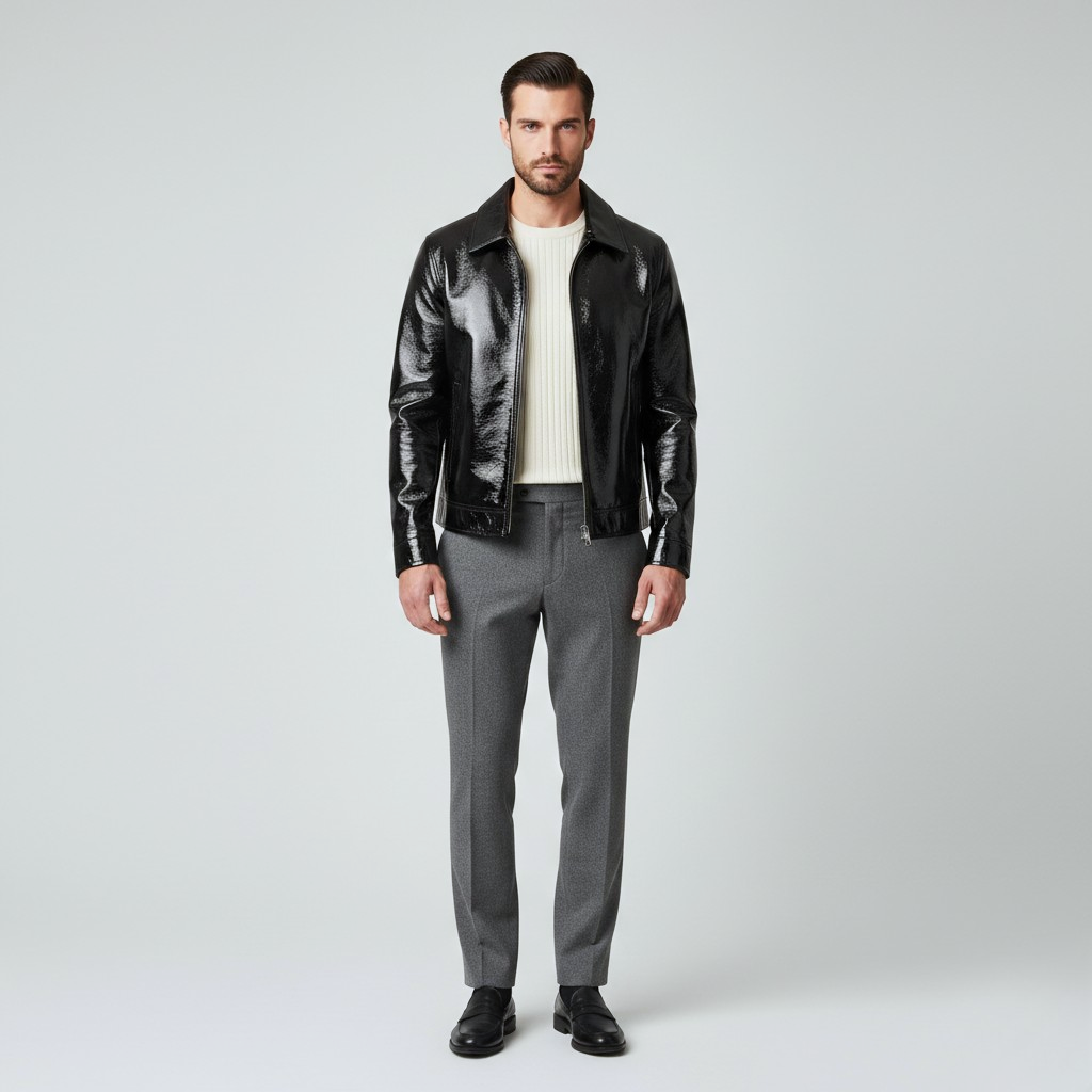 Men's Gloss Finish Zip Leather Jacket