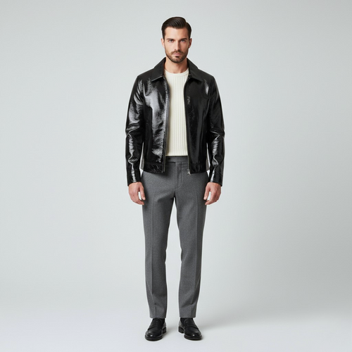 Men's Gloss Finish Zip Leather Jacket