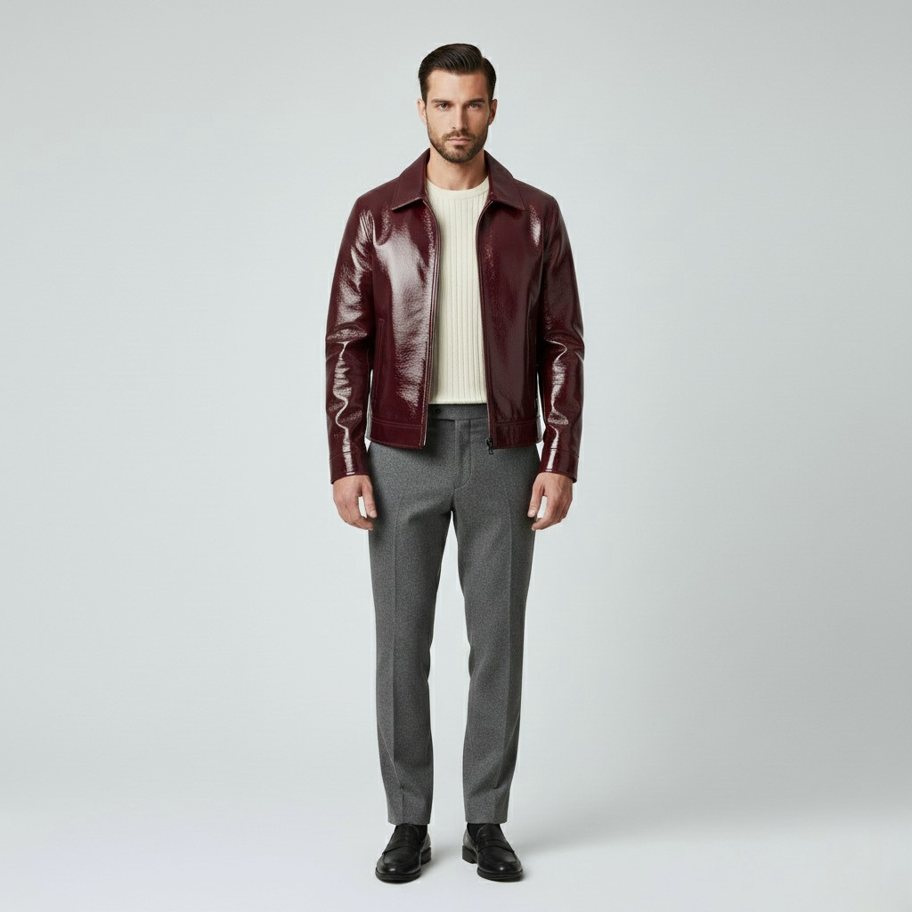 Men's Gloss Finish Zip Leather Jacket
