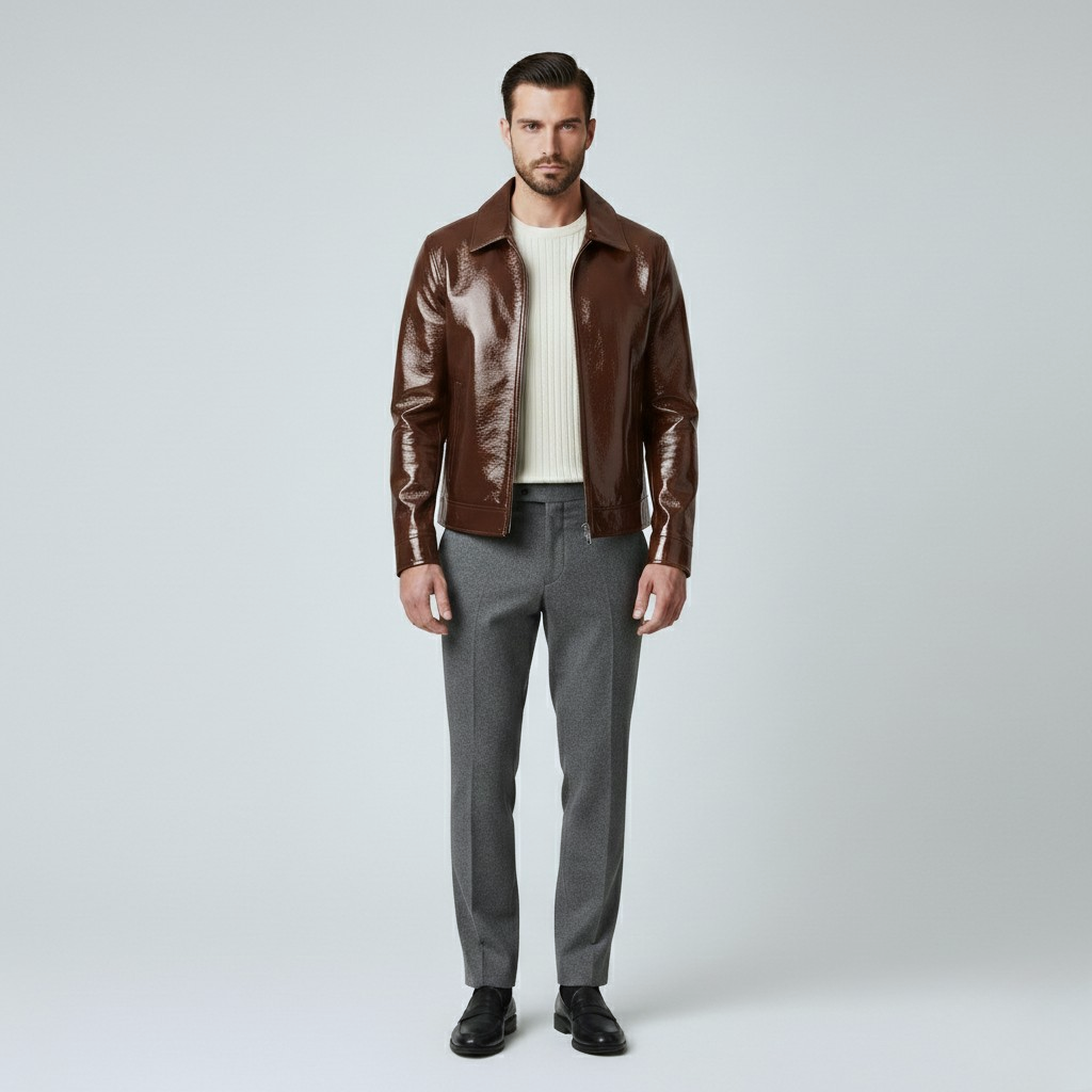 Men's Gloss Finish Zip Leather Jacket